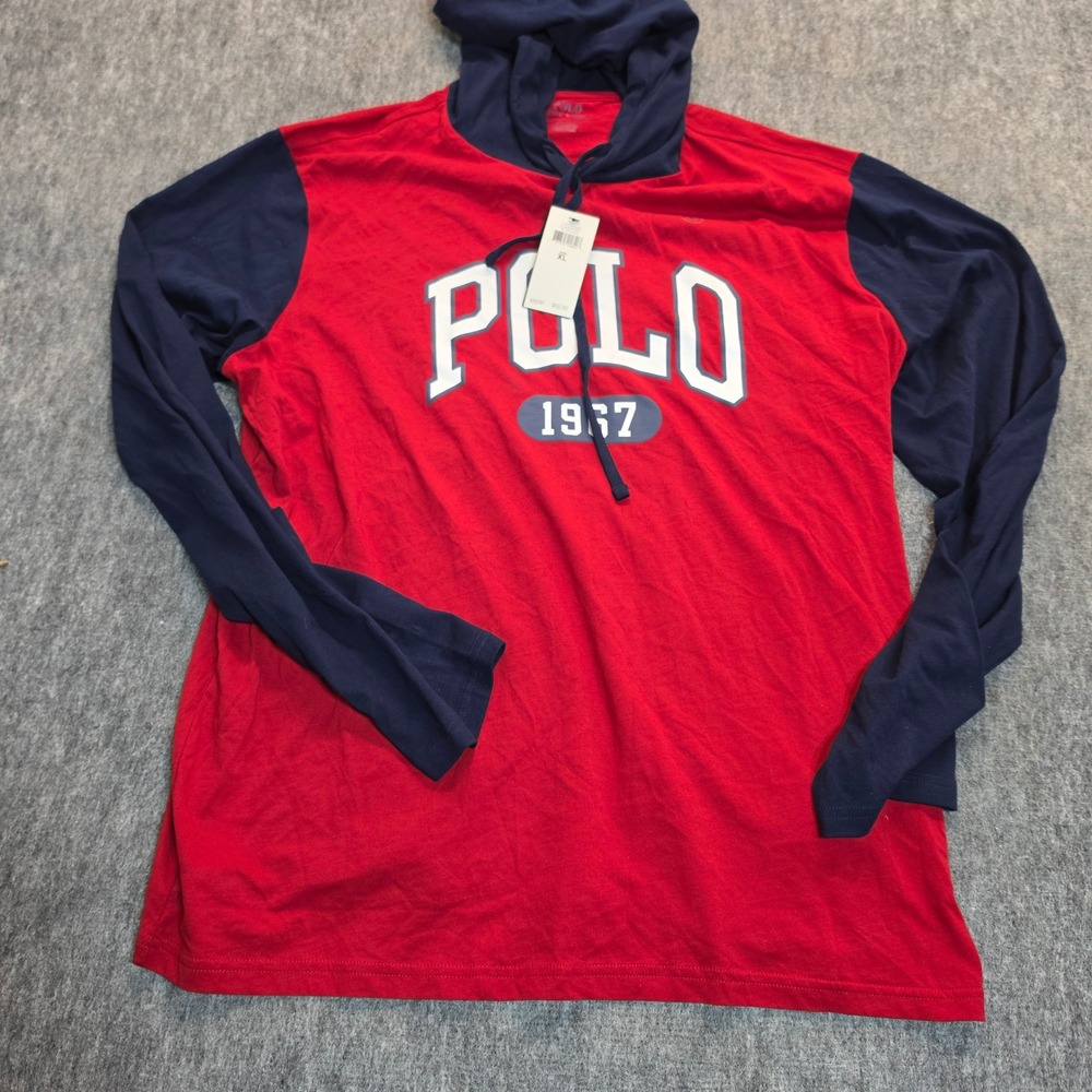Polo Ralph Lauren Mens XL Red Navy Blue Hooded Long Sleeve T-Shirt Graphic 1967